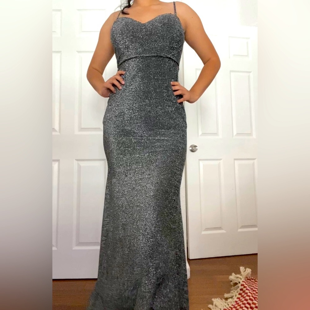 Silver embellished glitter high low strappy gown